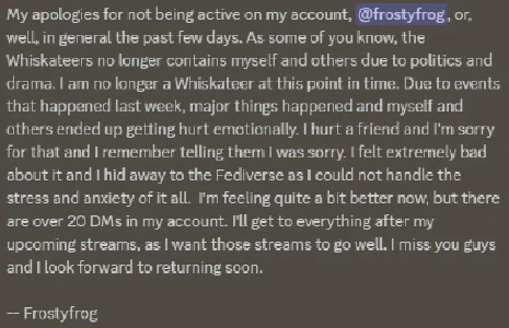  An announcement posted in my discord server on February 16th, revealing that I was not feeling well after the whole Whiskateers situation. 