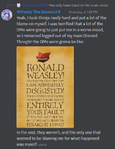 A message that I had sent after I had finally returned to my primary Discord account on February 20th. 