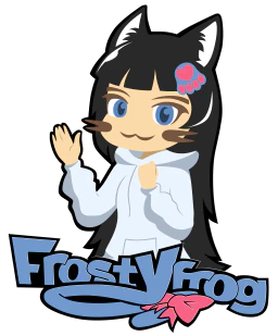 Logo for Frostyfrog: The word Frostyfrog with Frosty's VTuber avatar behind it waving with a smile